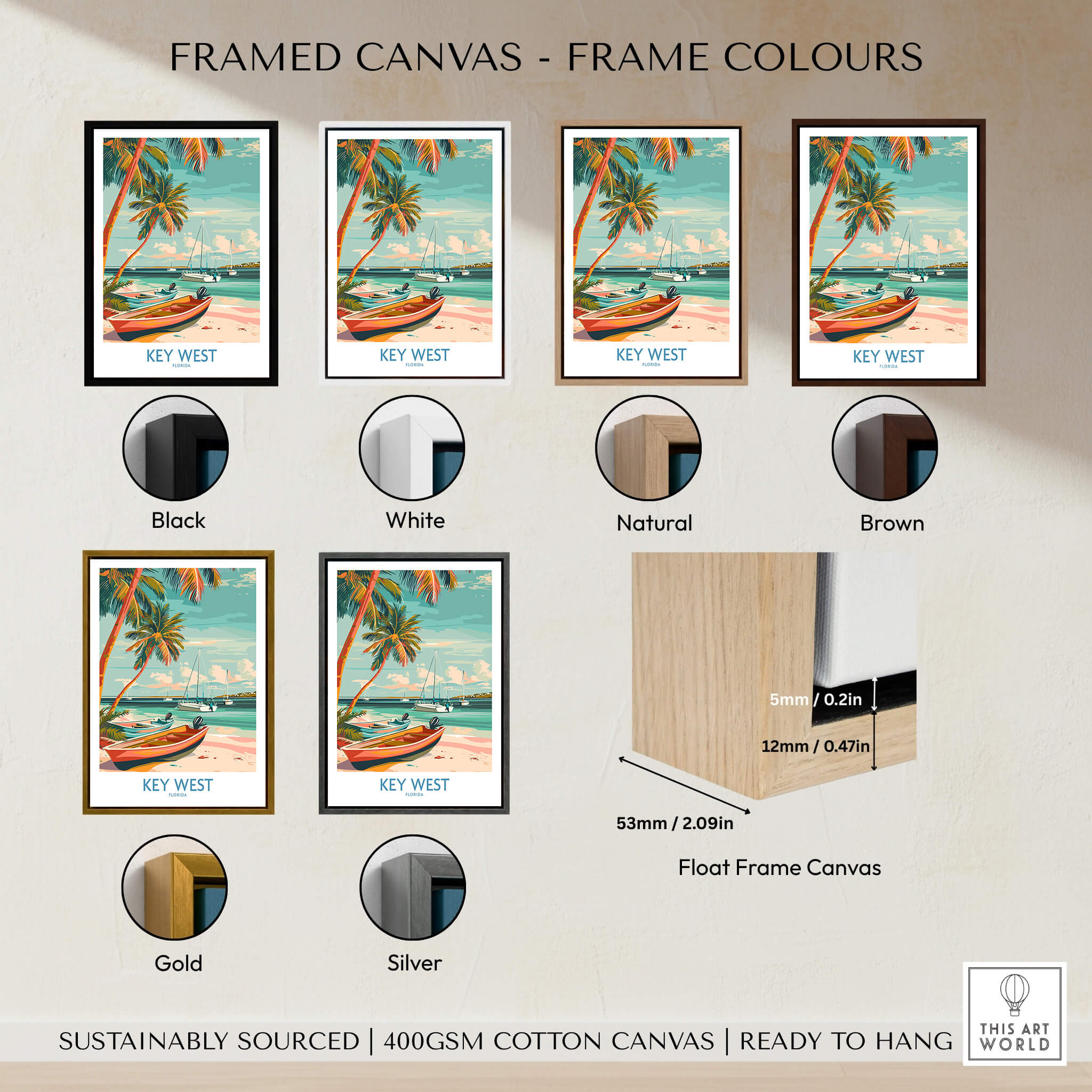 Key West Florida Poster framed canvas options in various colors including Black, White, Natural, Brown, Gold, and Silver.