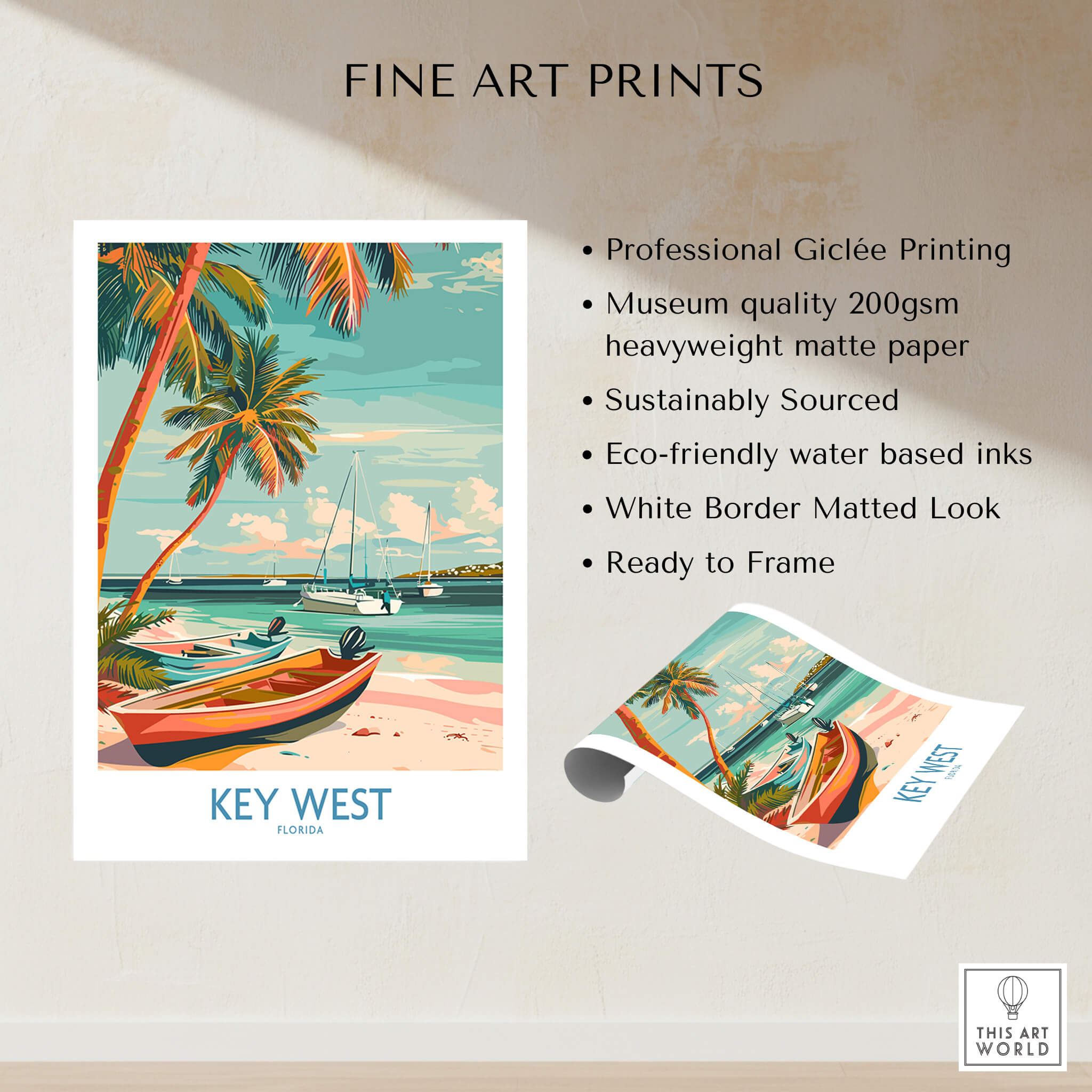 Key West Florida Poster showcasing vibrant island scenery and professional Giclée printing details.