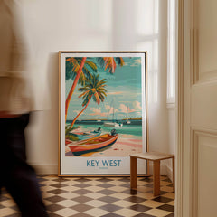 Key West Florida Poster featuring vibrant beach scene with boats and palm trees in a stylish home setting.
