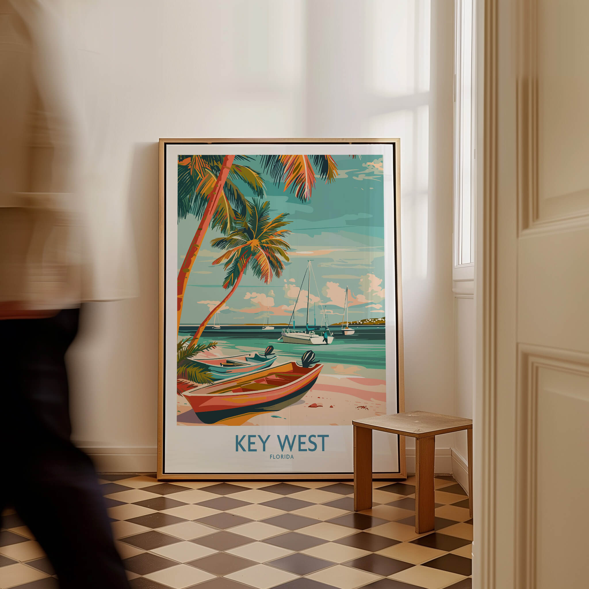 Key West Florida Poster featuring vibrant beach scene with boats and palm trees in a stylish home setting.