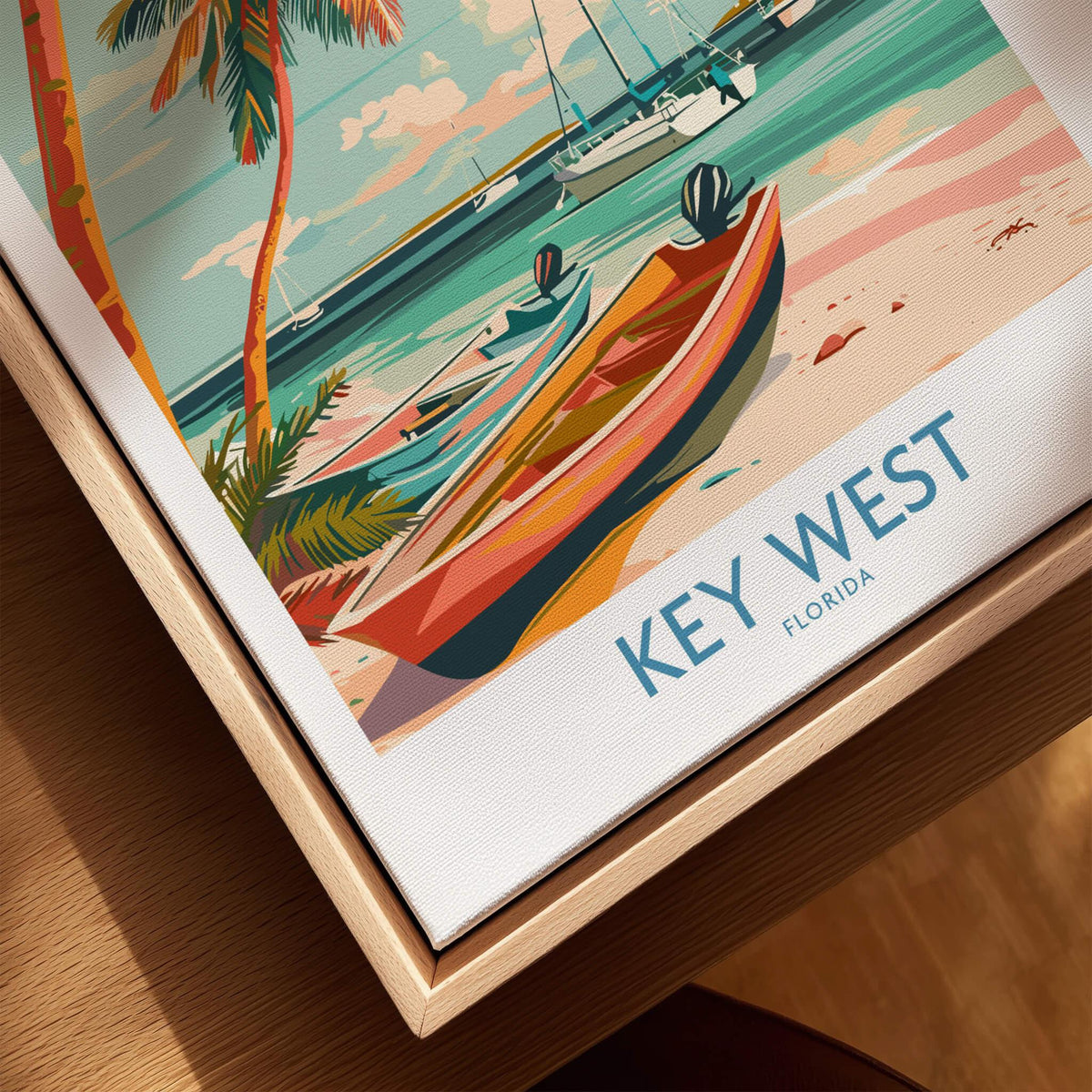 Key West Florida Poster featuring a colorful beach scene with palm trees and a boat in Key West, Florida.