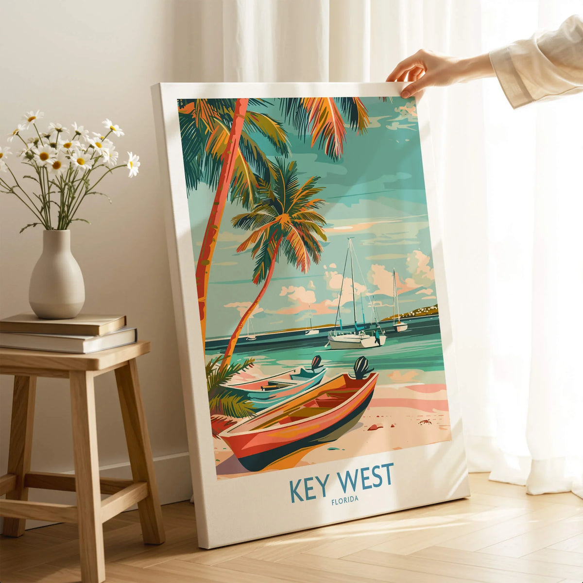 Key West Florida Poster featuring vibrant beach scene with boats and palm trees in a coastal setting.