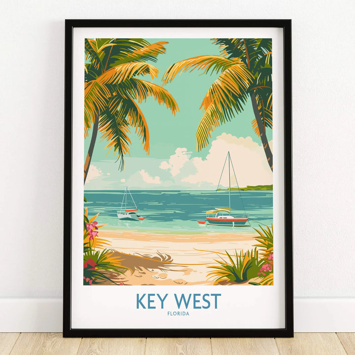 Key West Travel Print featuring palm trees, boats, and a beautiful beach scene in vibrant colors, perfect for home decor.