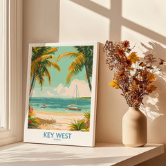 Key West Travel Print showcasing tropical beach scene with palm trees and sailboats, ideal for travel lovers.