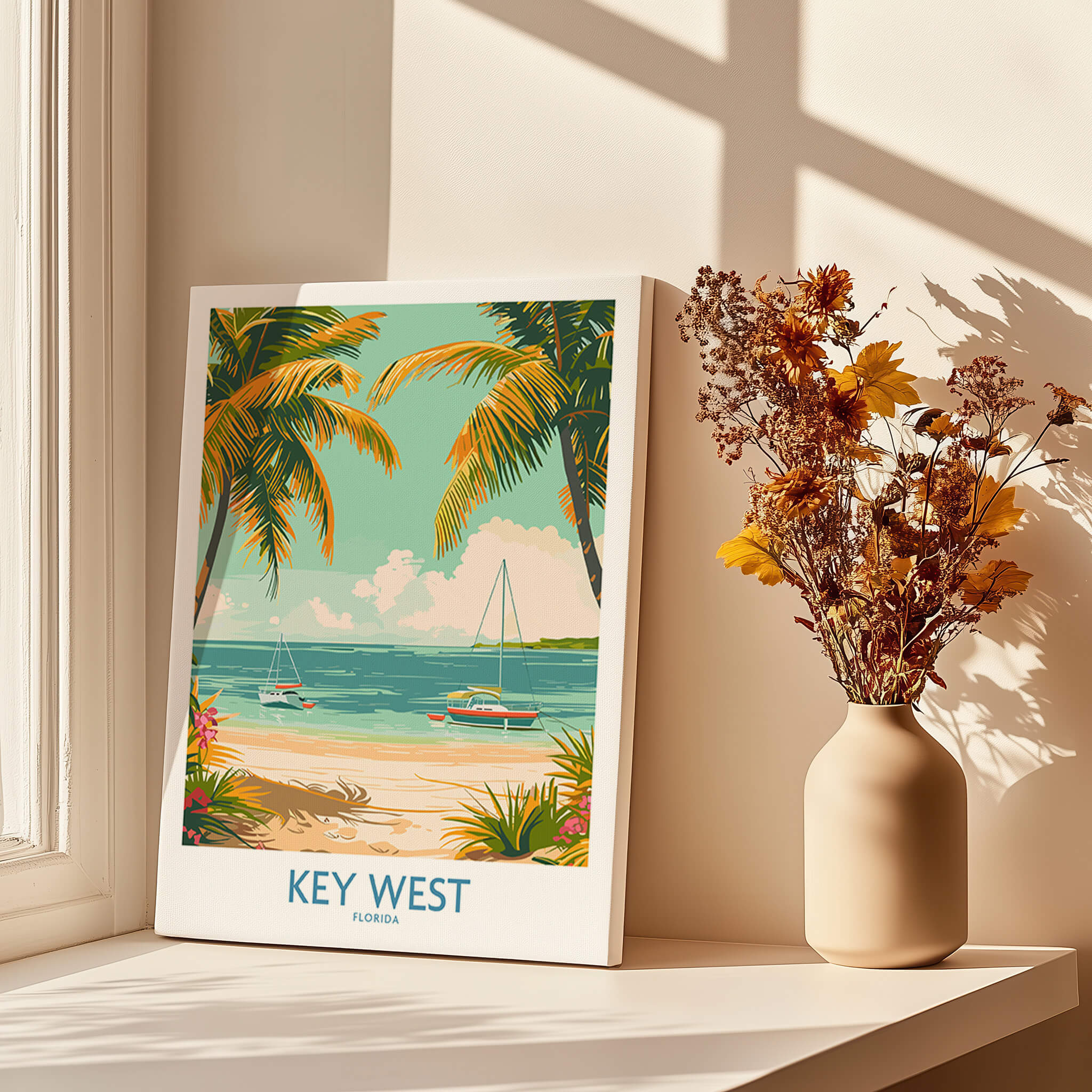Key West Travel Print showcasing tropical beach scene with palm trees and sailboats, ideal for travel lovers.