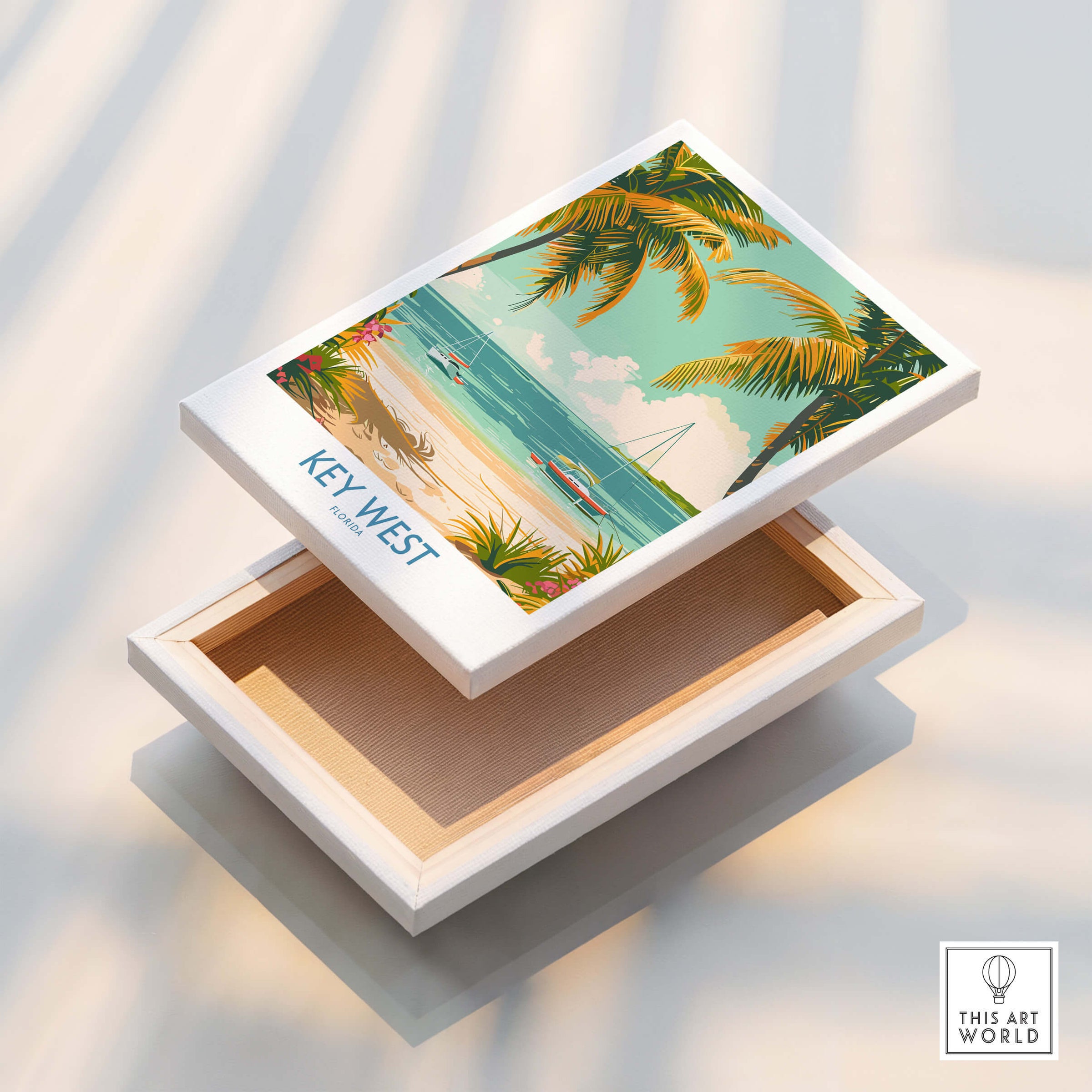 Key West Travel Print showcasing a beach scene with palm trees and sailboats, perfect for travel enthusiasts.