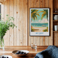 Key West Travel Print featuring a tropical beach scene with palm trees and sailboats, perfect for home decor.
