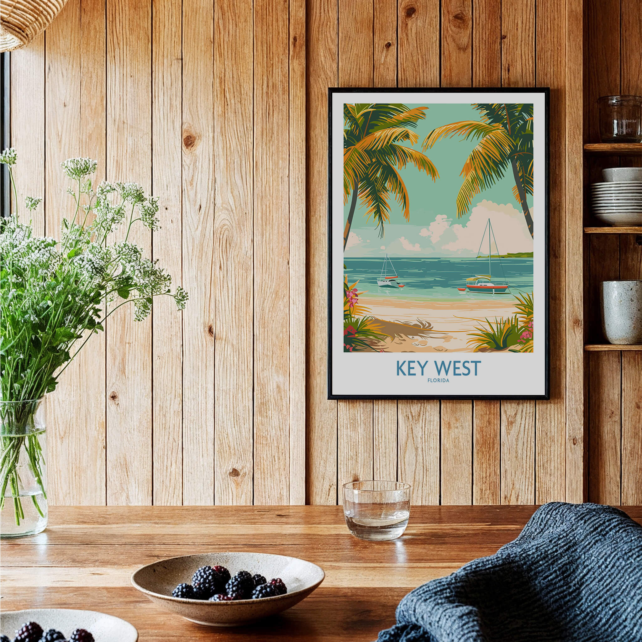 Key West Travel Print featuring a tropical beach scene with palm trees and sailboats, perfect for home decor.