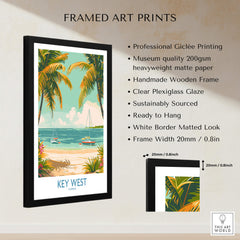 Key West Travel Print framed art with vibrant beach scene and palm trees, perfect for home or office decor.