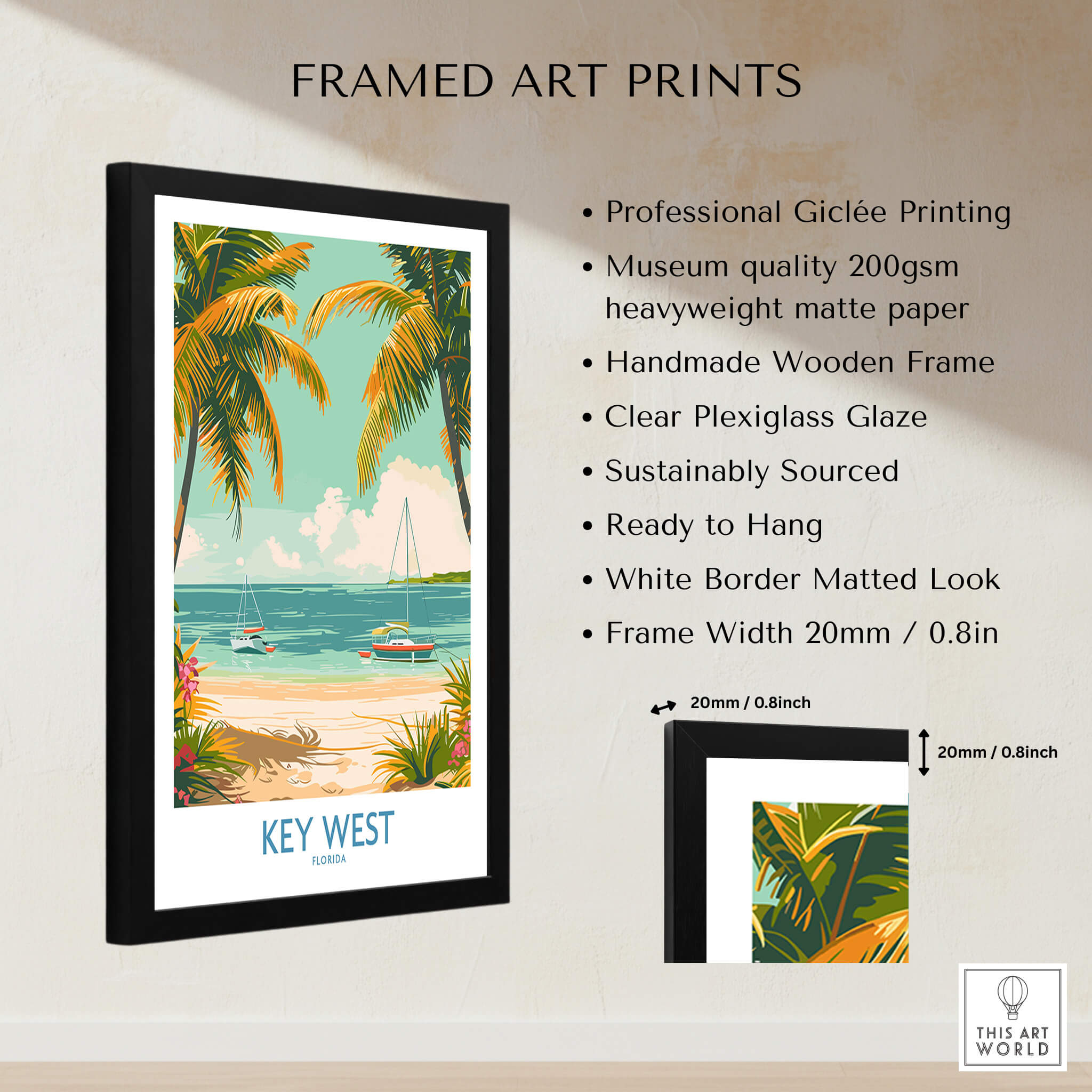 Key West Travel Print framed art with vibrant beach scene and palm trees, perfect for home or office decor.