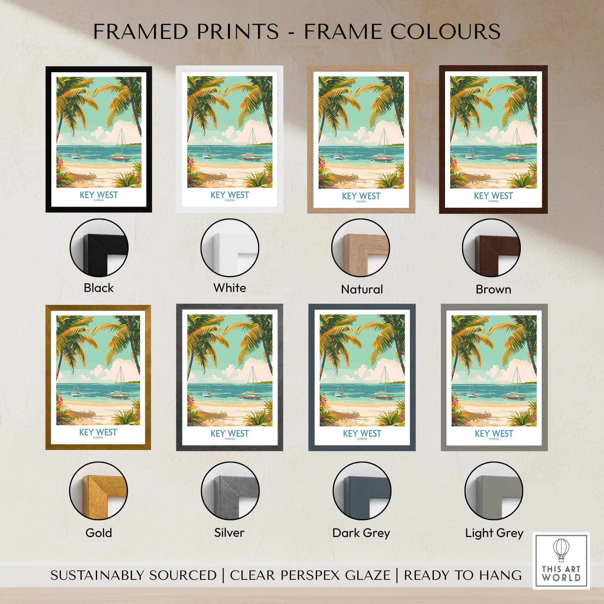 Key West Travel Print framed in various color options including black, white, natural, brown, gold, silver, dark grey, and light grey.