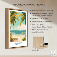 Framed canvas print featuring Key West Travel Print with tropical beach scene and vibrant colors.