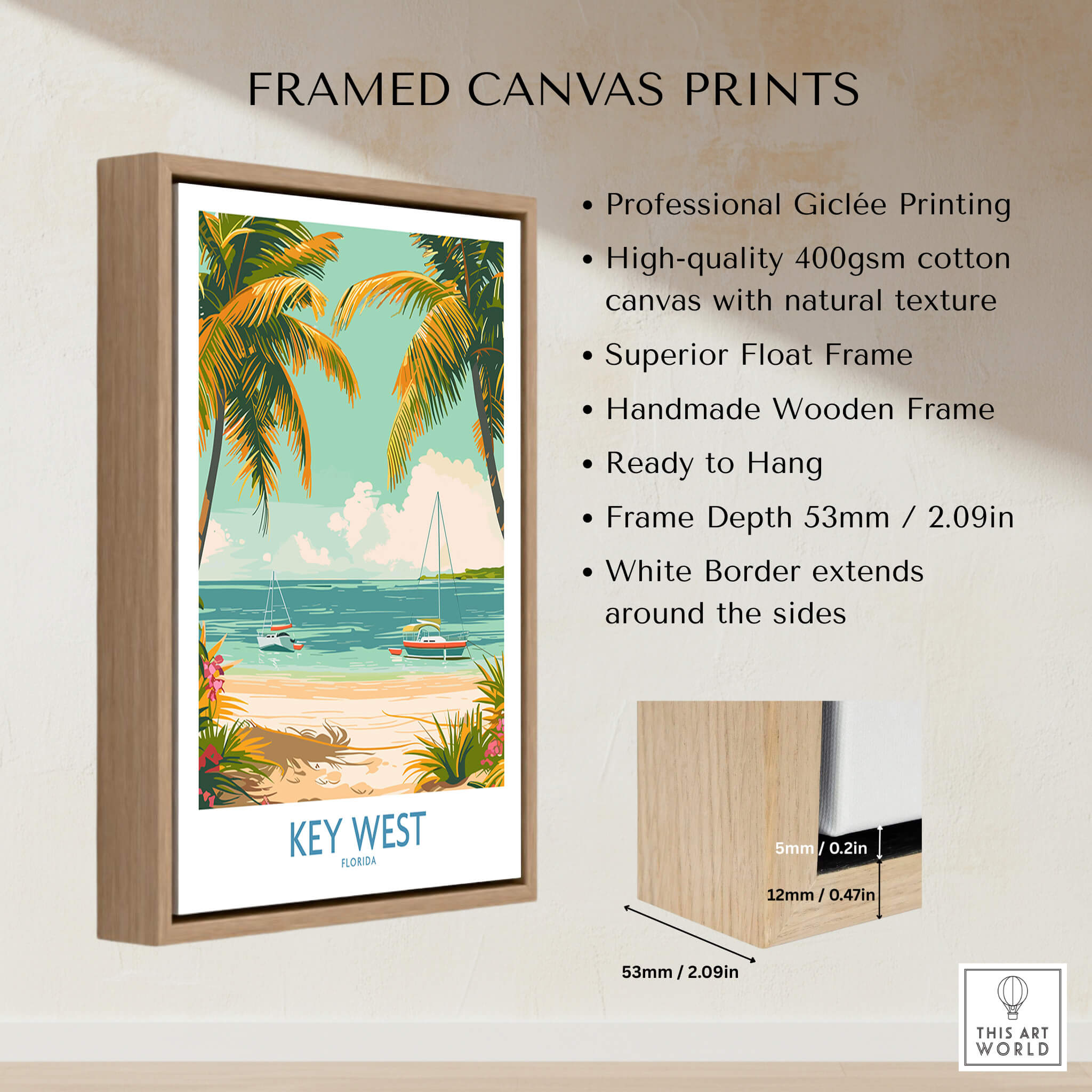 Framed canvas print featuring Key West Travel Print with tropical beach scene and vibrant colors.