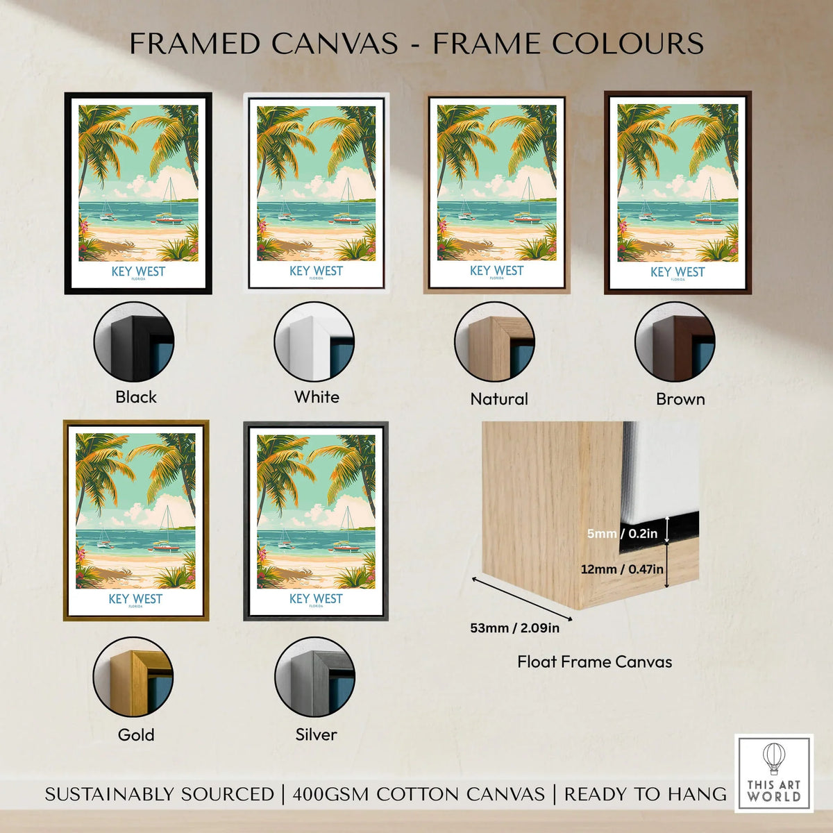 Framed Key West Travel Print canvas options with various frame colors including Black, White, Natural, Brown, Gold, and Silver.