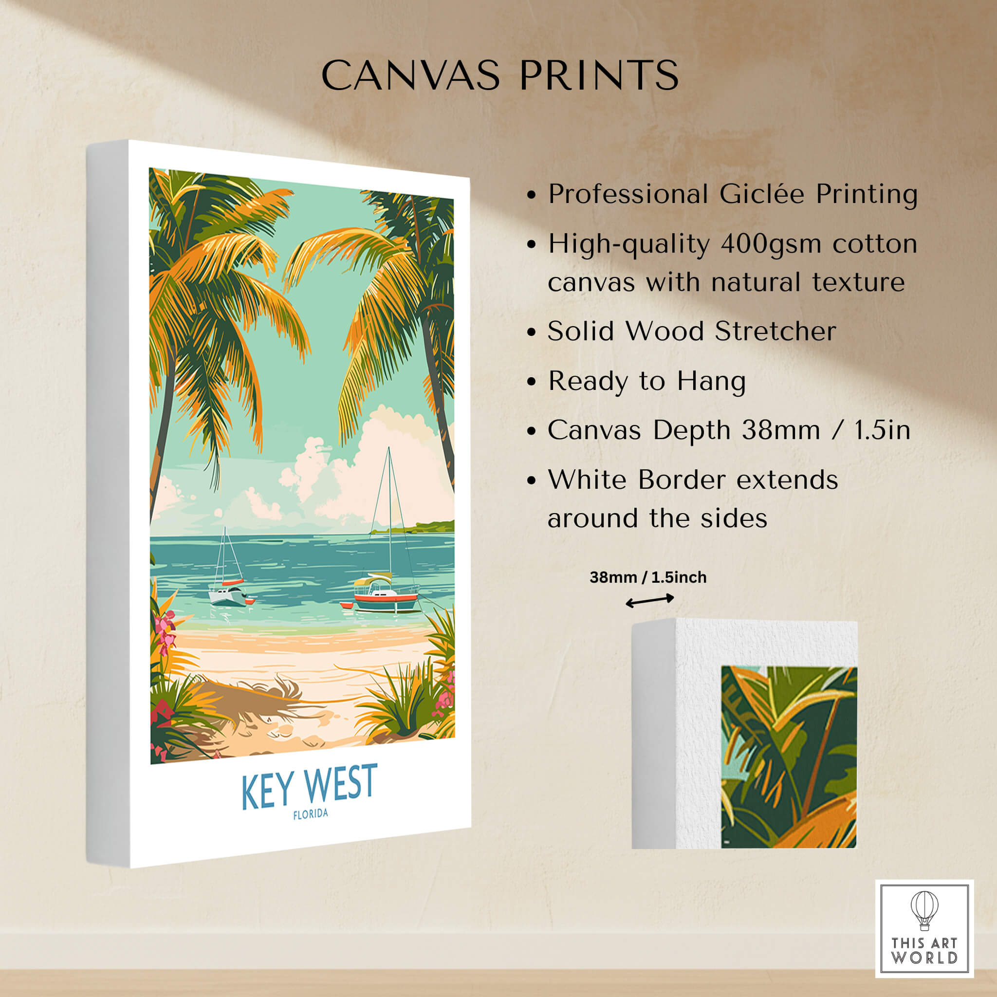 Key West Travel Print showcasing vibrant beach vibes with palm trees and boats, perfect for travel inspiration.