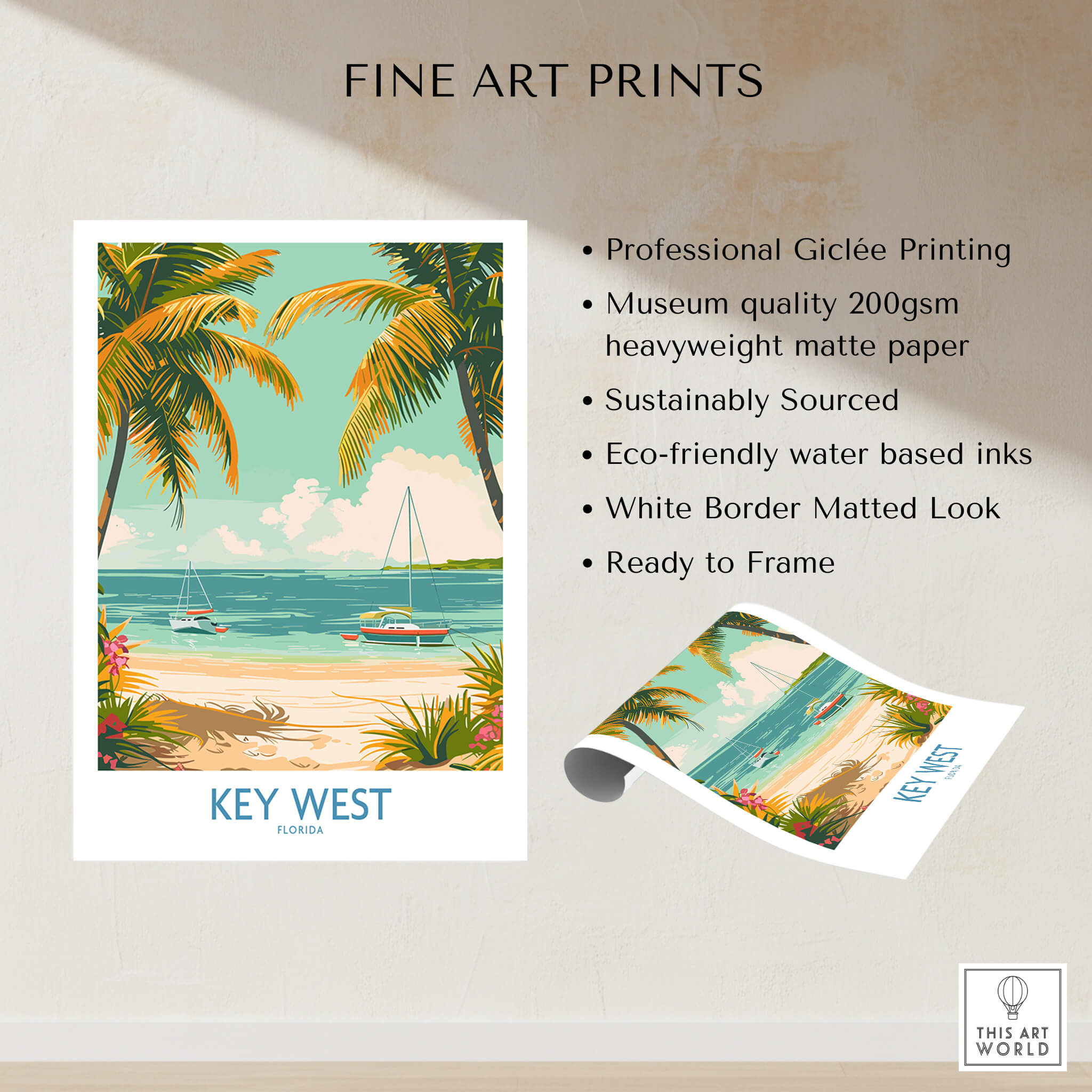 Key West Travel Print featuring vibrant beach scene with boats and palm trees, perfect wall art for travel enthusiasts.