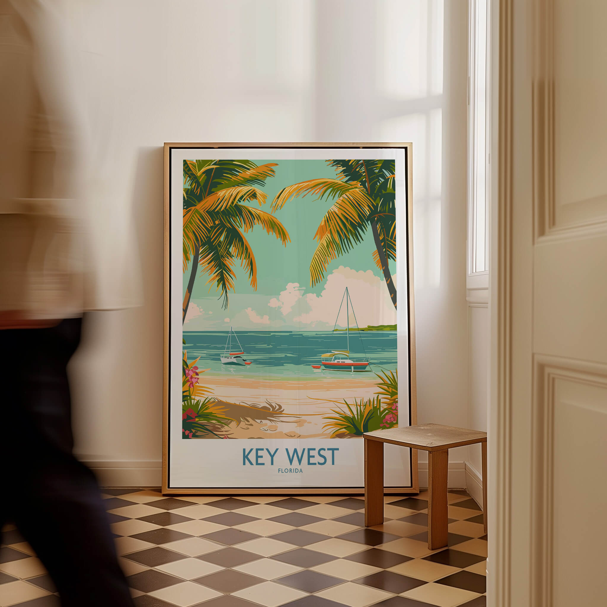Key West Travel Print showcasing picturesque beaches and palm trees in a vibrant living space.