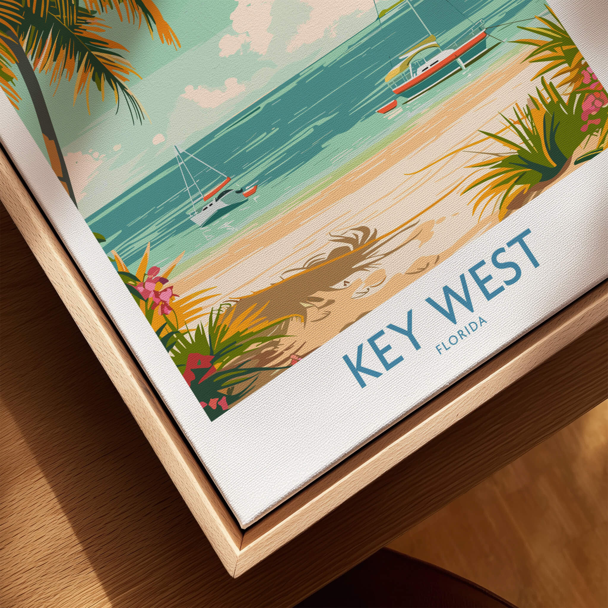 Key West Travel Print showcasing vibrant beach scene with palm trees and sailboats, perfect Florida wall art.