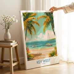 Key West Travel Print featuring a tropical beach scene with palm trees and boats, perfect for home decor.