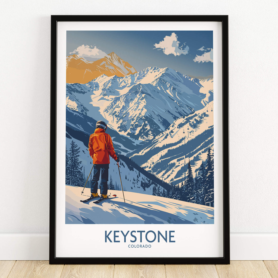 Keystone Ski Print - Colorado beautiful landscape art featuring a skier against snowy mountains.