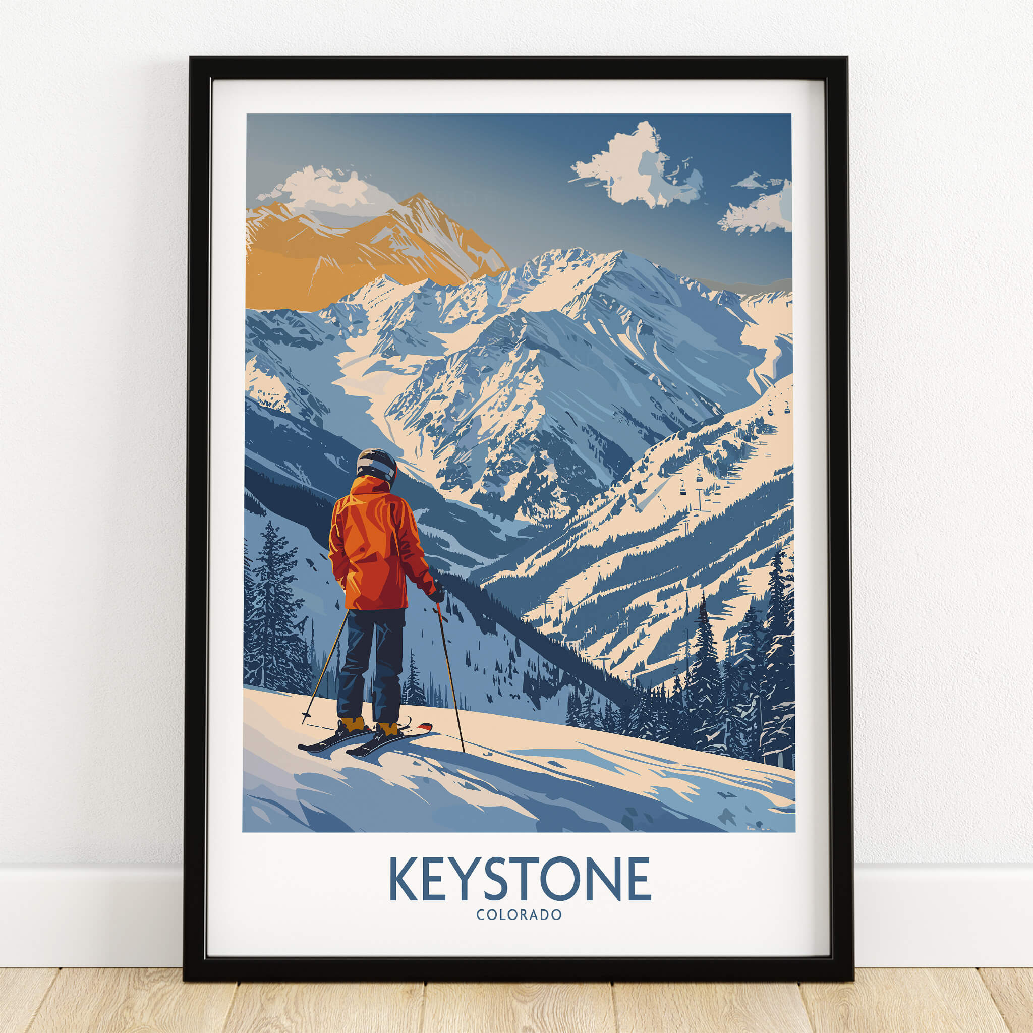 Keystone Ski Print - Colorado beautiful landscape art featuring a skier against snowy mountains.