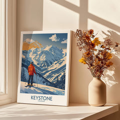 Keystone Ski Print - Colorado showcasing a skier on snowy mountains with beautiful scenery in a home setting.