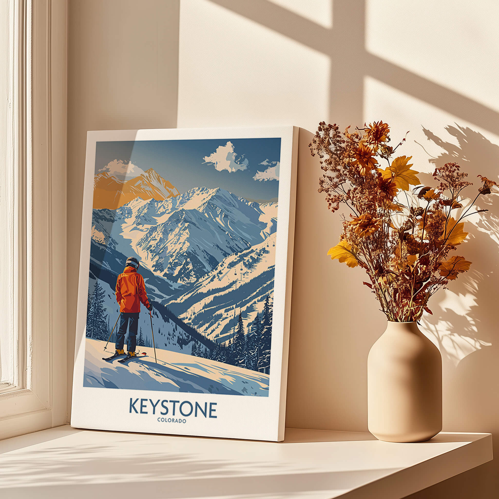 Keystone Ski Print - Colorado showcasing a skier on snowy mountains with beautiful scenery in a home setting.