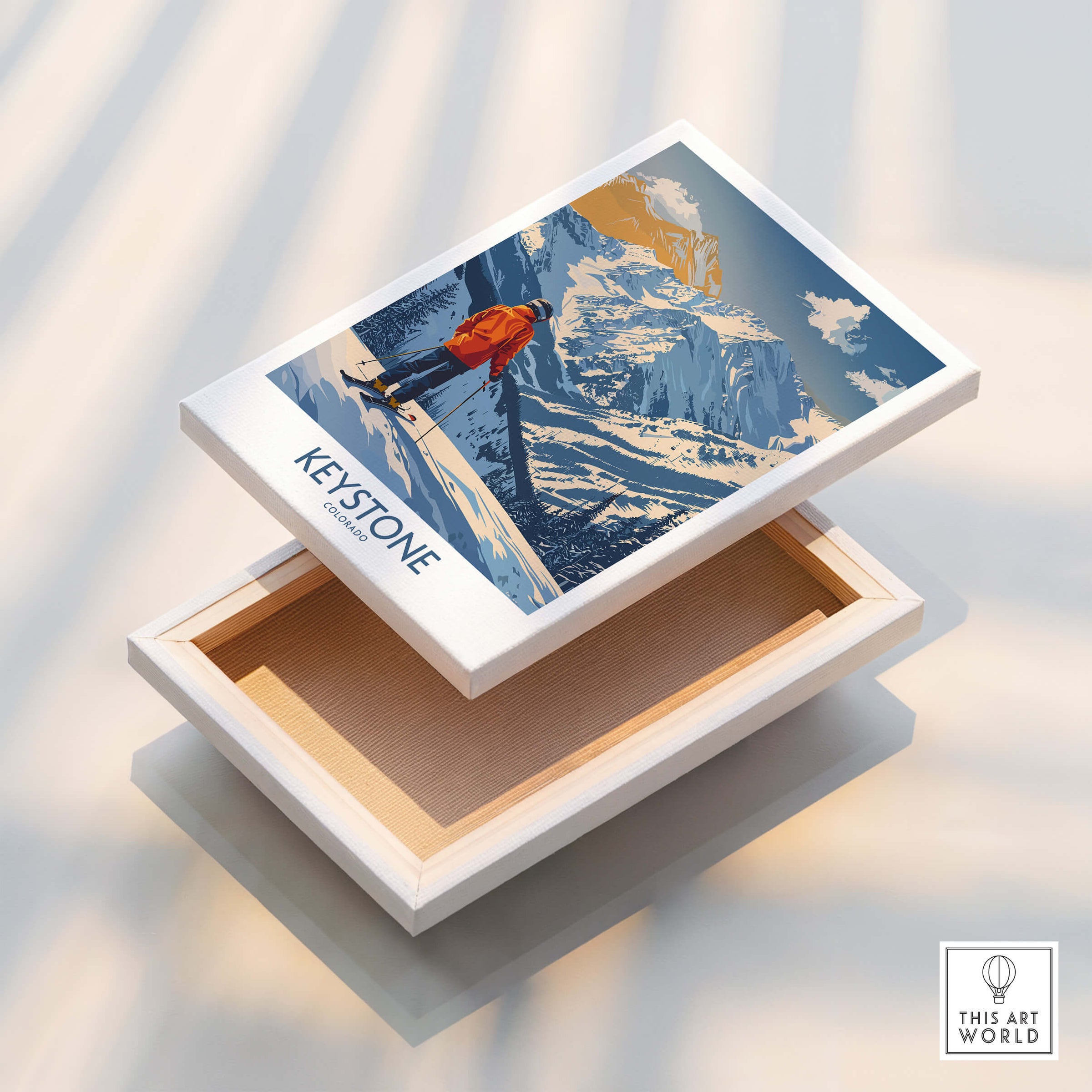 Keystone Ski Print - Colorado showcased on a decorative box, featuring a skier against a snowy mountain backdrop.