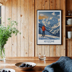 Keystone Ski Print - Colorado showcasing a skier against a mountain backdrop in a rustic home setting.