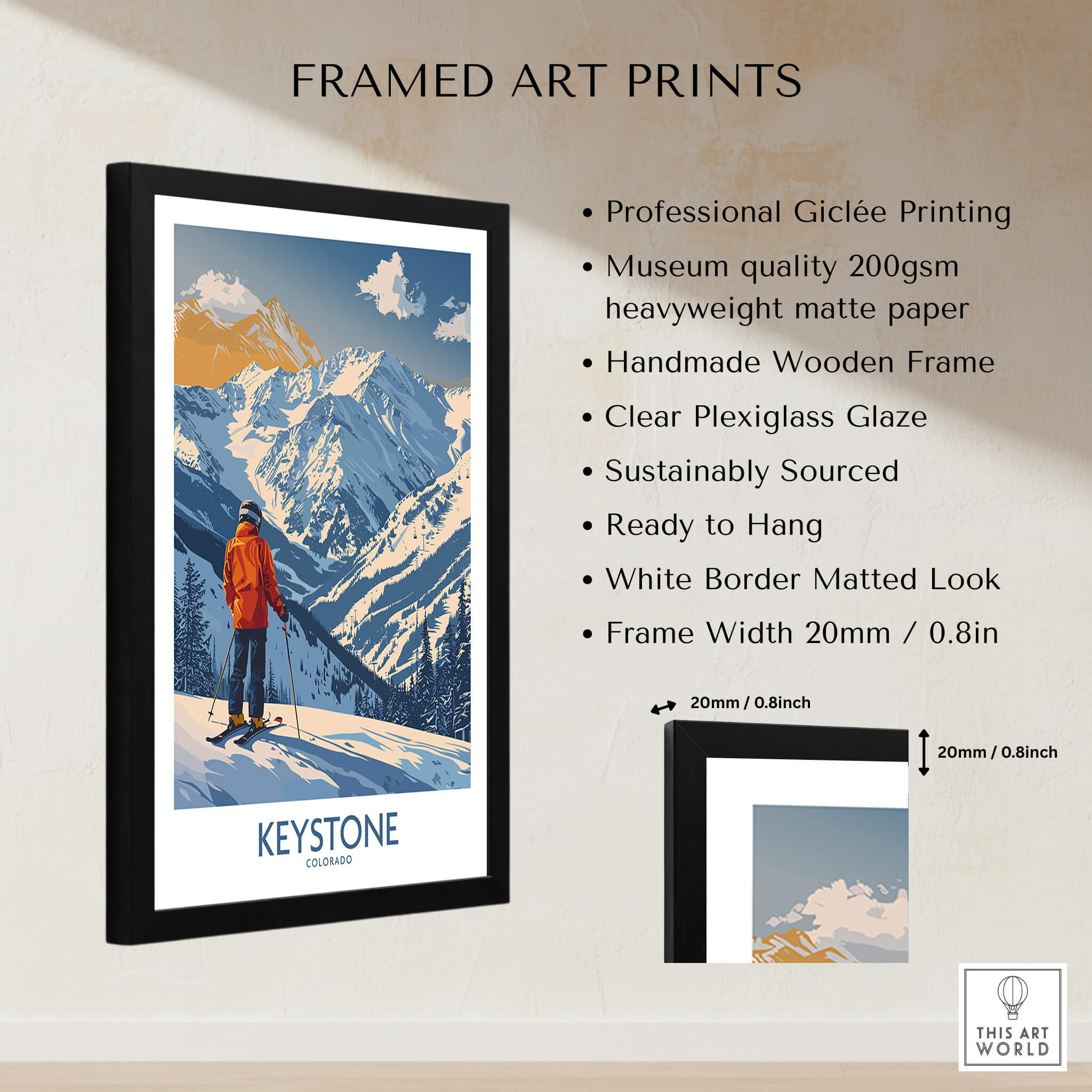 Framed Keystone Ski Print - Colorado showcasing stunning mountain landscape and skier; perfect wall art for ski lovers.