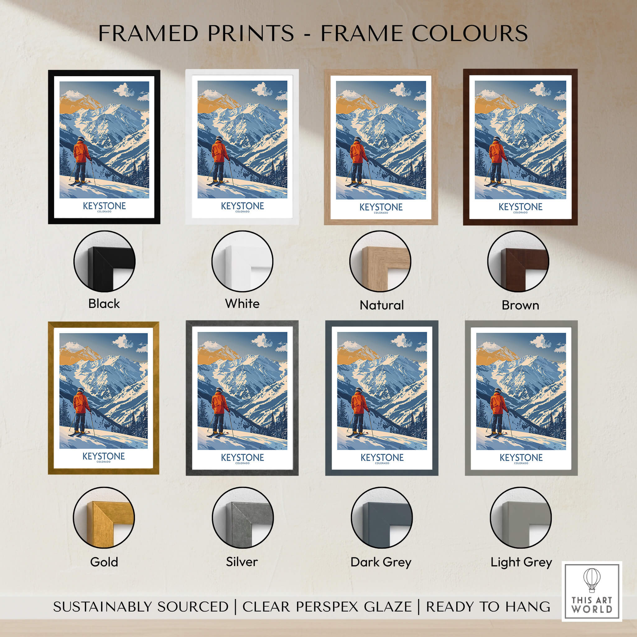 Framed Keystone Ski Print - Colorado in various frame colors including black, white, brown, and more.