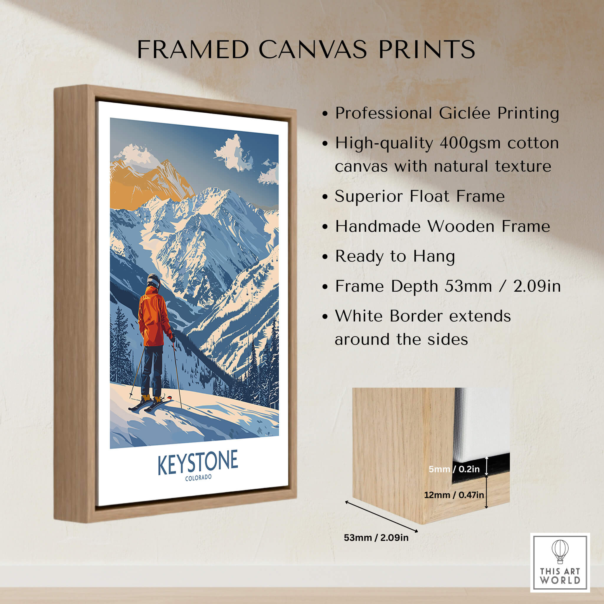 Keystone Ski Print -  Colorado showcased in a framed canvas, featuring stunning mountain scenery.