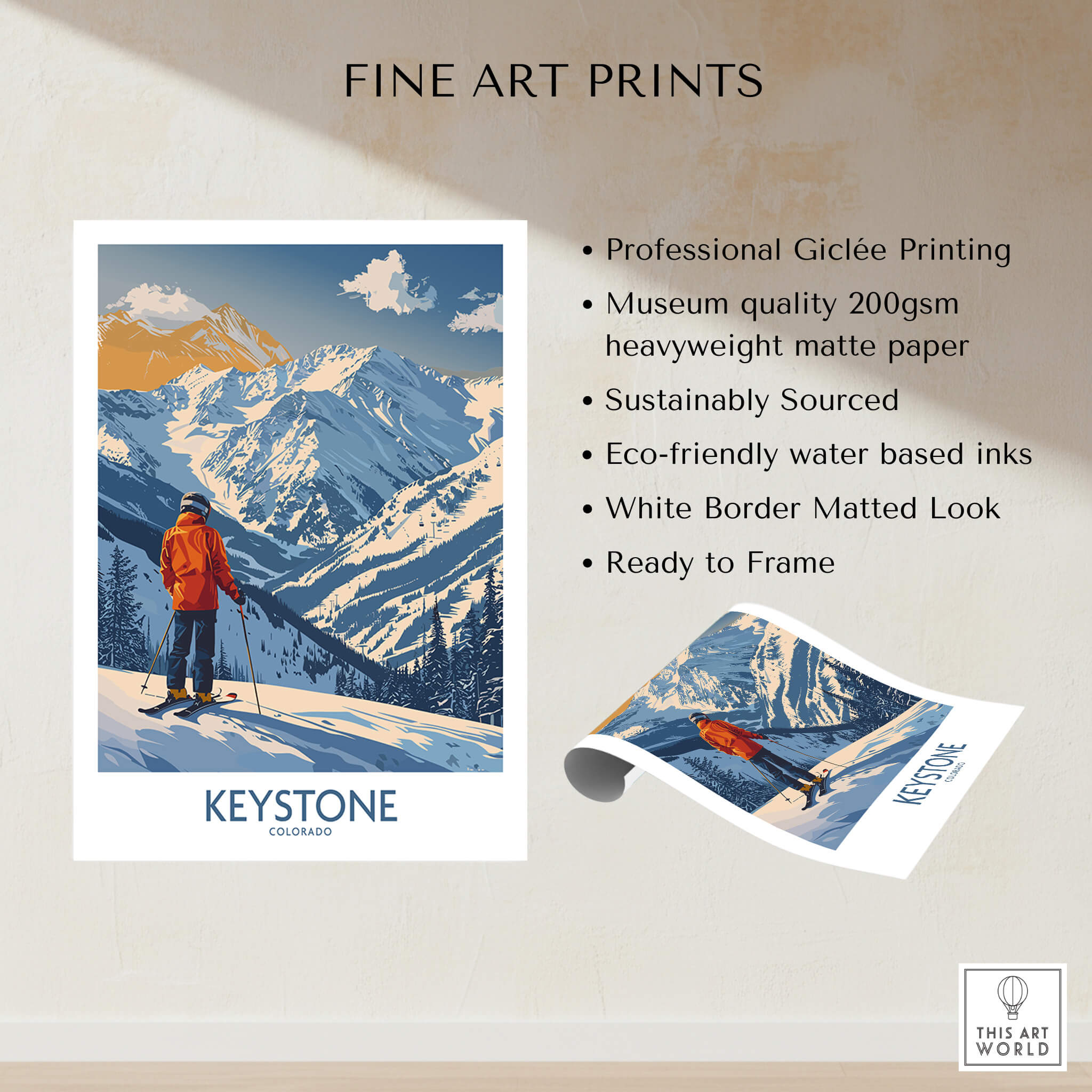 Keystone Ski Print - Colorado showcasing a skier against Colorado's stunning mountain landscape