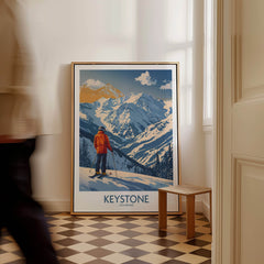 Keystone Ski Print - Colorado showcased in a living room with a skier on a snowy mountainside, framed art.