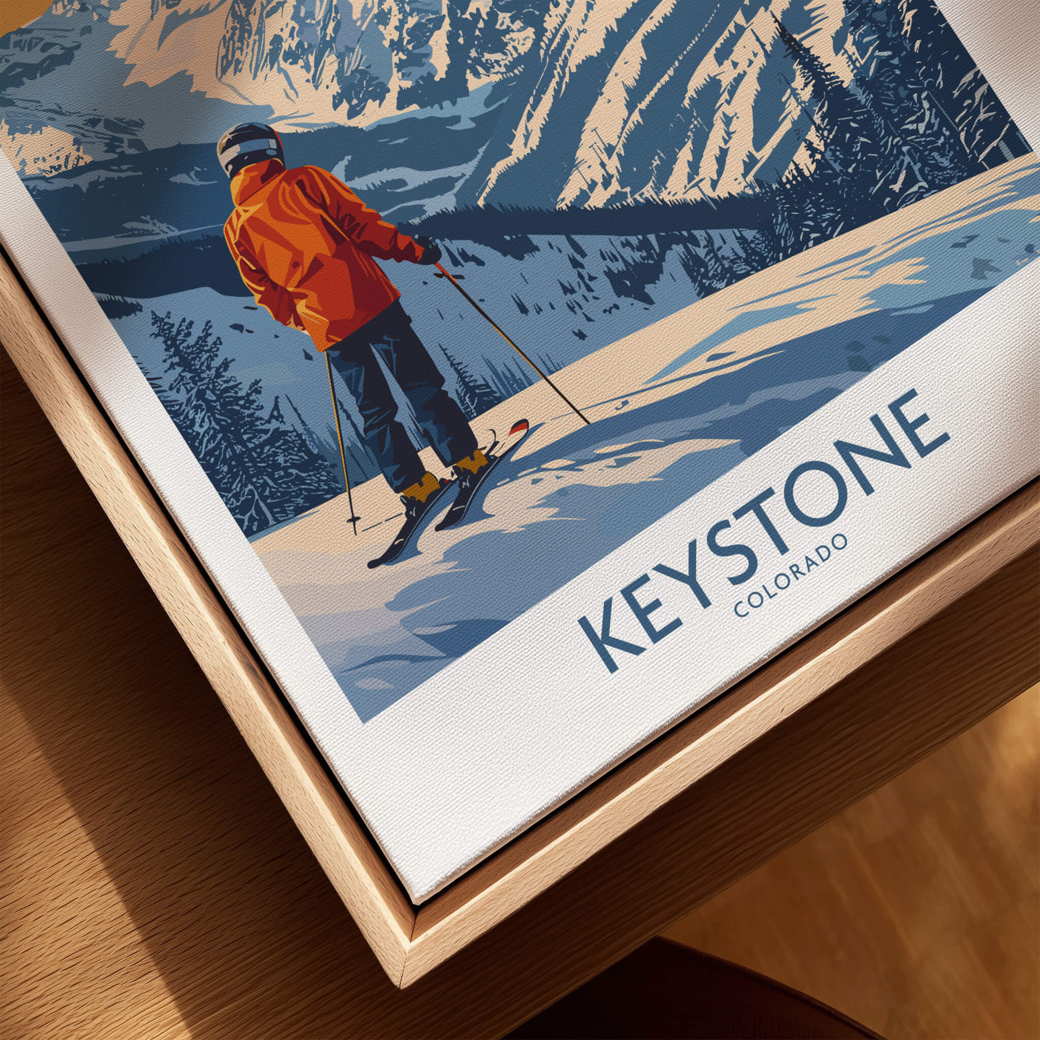 Keystone Ski Print - Colorado depicting a skier on a snowy slope in a beautiful mountain landscape.