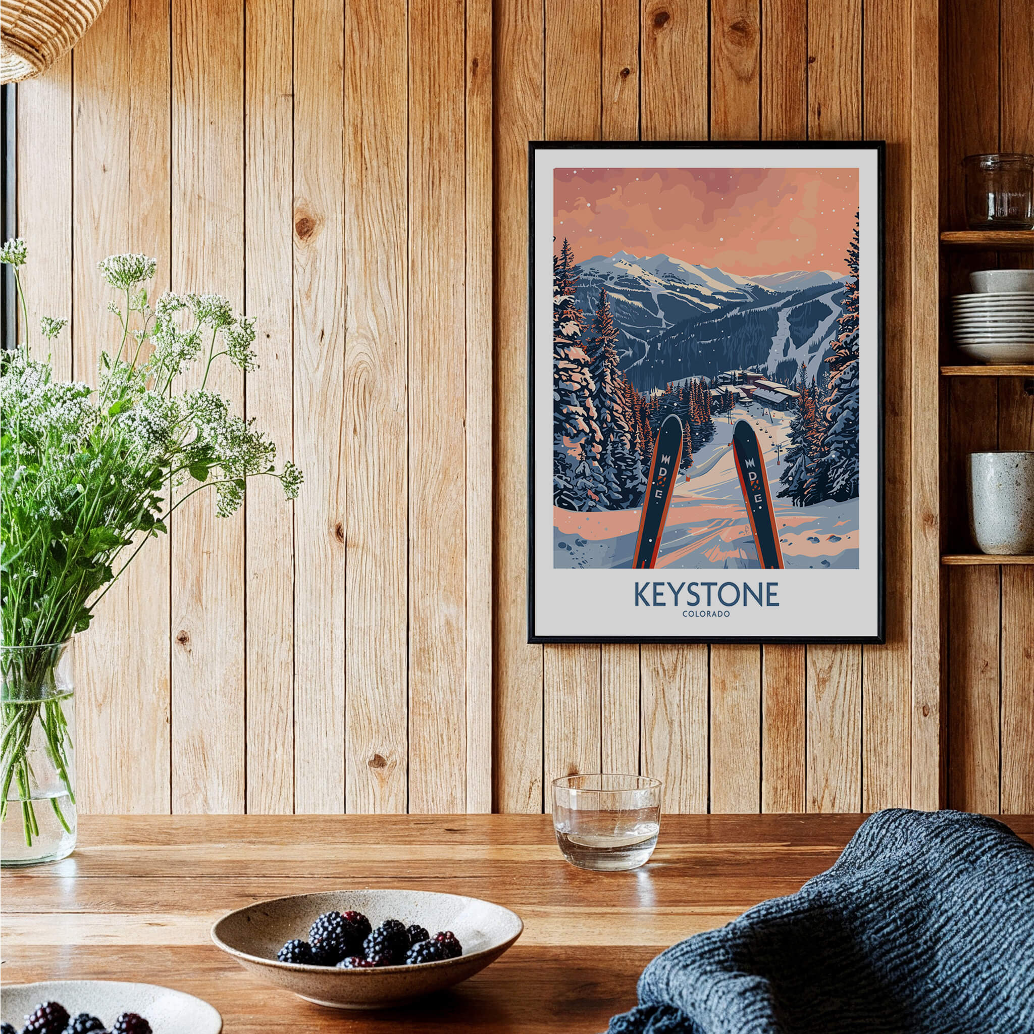 Keystone Wall Art - Colorado Ski Poster displayed on wooden wall with a cozy interior and ski equipment.