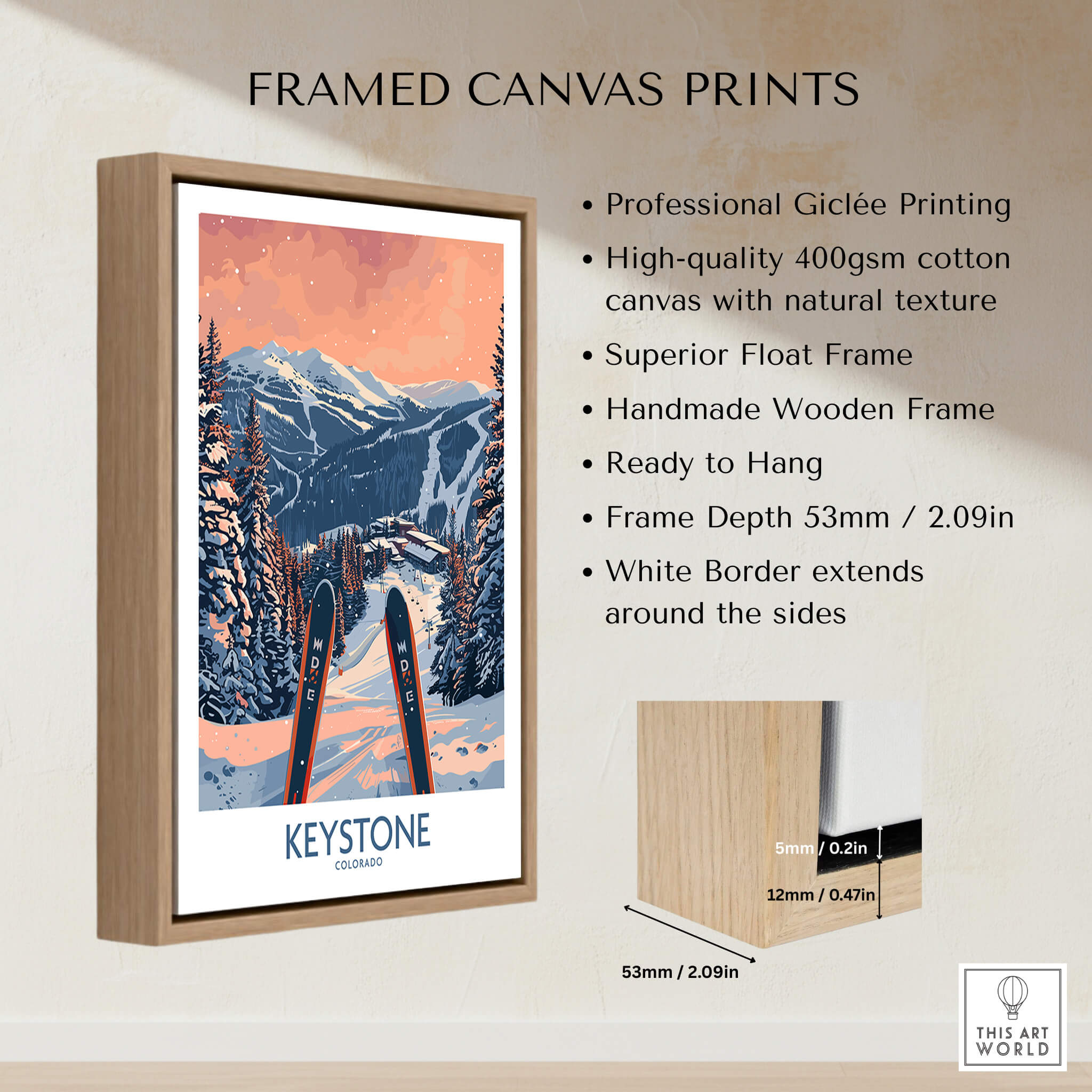 Keystone Wall Art - Colorado Ski Poster framed canvas print showcasing professional giclée printing and vibrant mountain landscape.