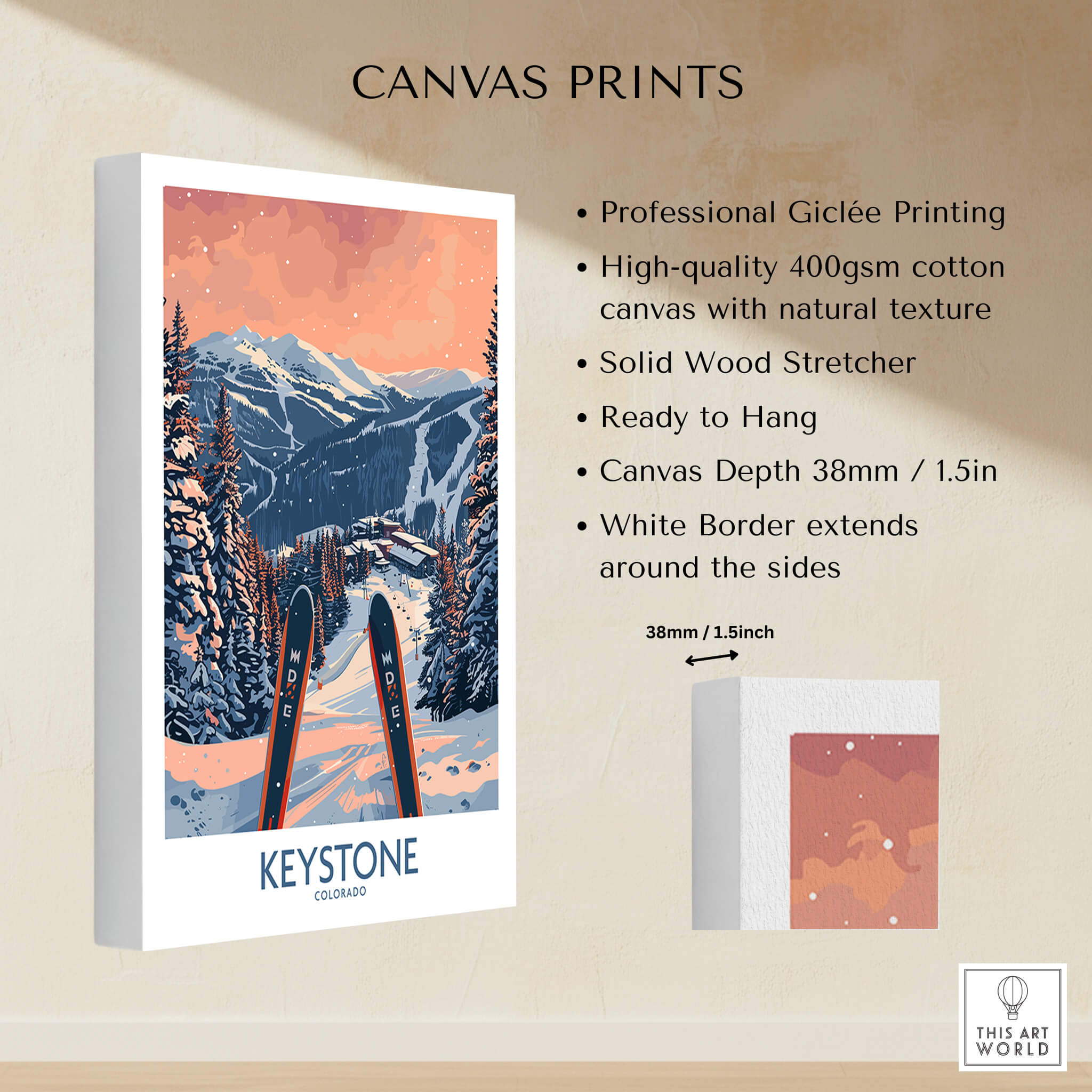 Keystone Wall Art - Colorado Ski Poster featuring a mountain landscape and skis, perfect for home decor.