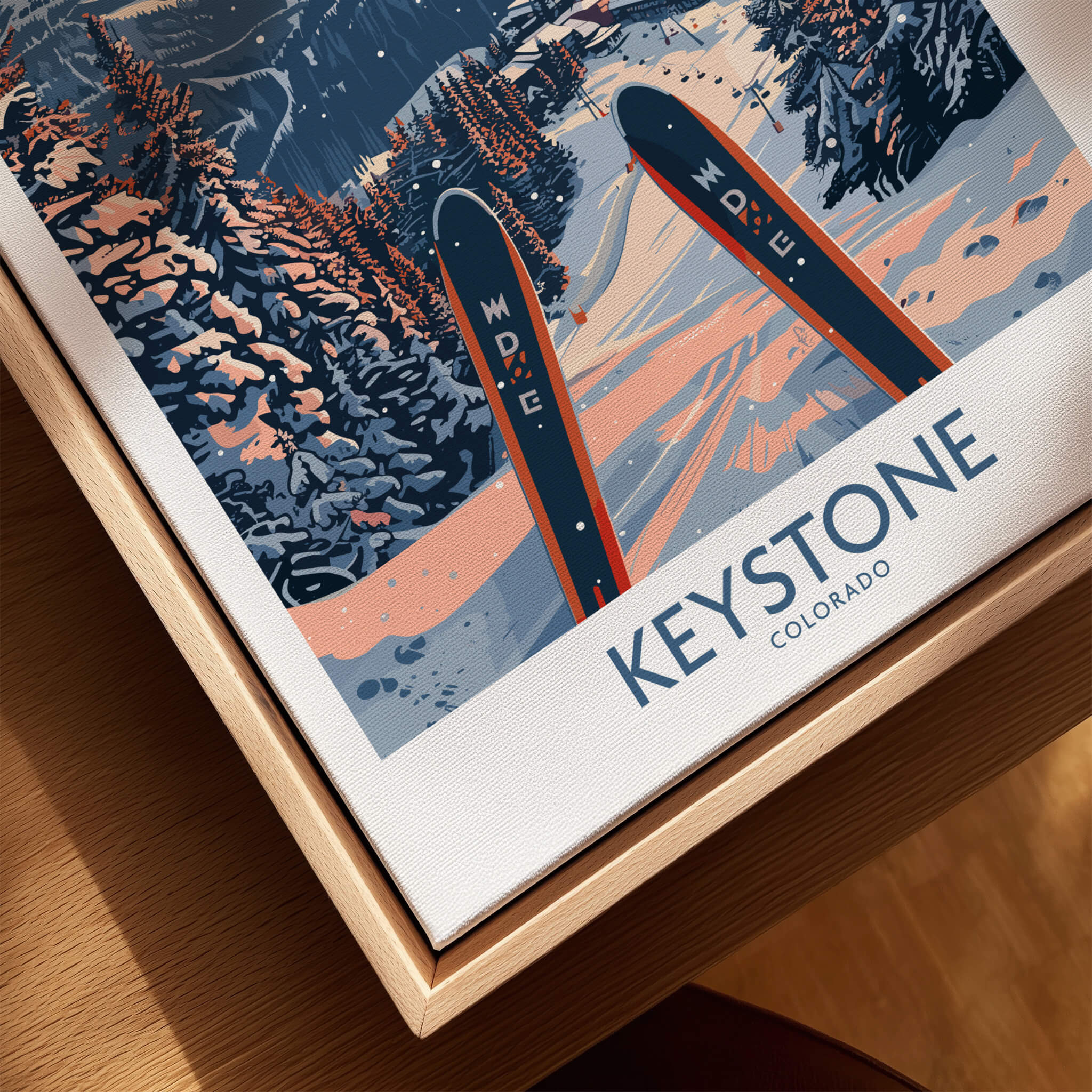 Keystone Wall Art - Colorado Ski Poster showcasing vibrant skis and serene mountain landscape.