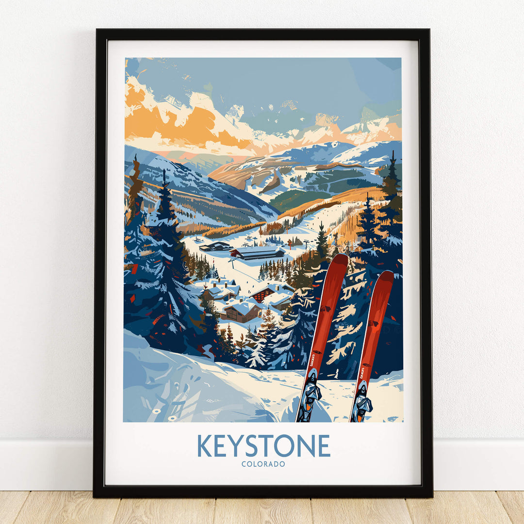 Keystone Wall Art Poster -  Colorado Ski Print showcasing a stunning mountain landscape with skis in the foreground.
