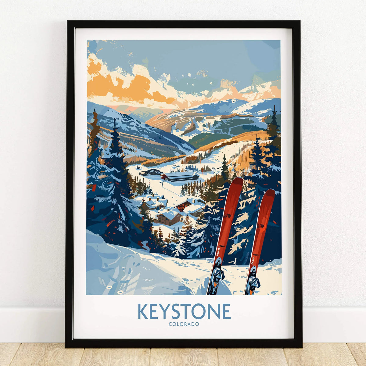Keystone Wall Art Poster -  Colorado Ski Print showcasing a stunning mountain landscape with skis in the foreground.