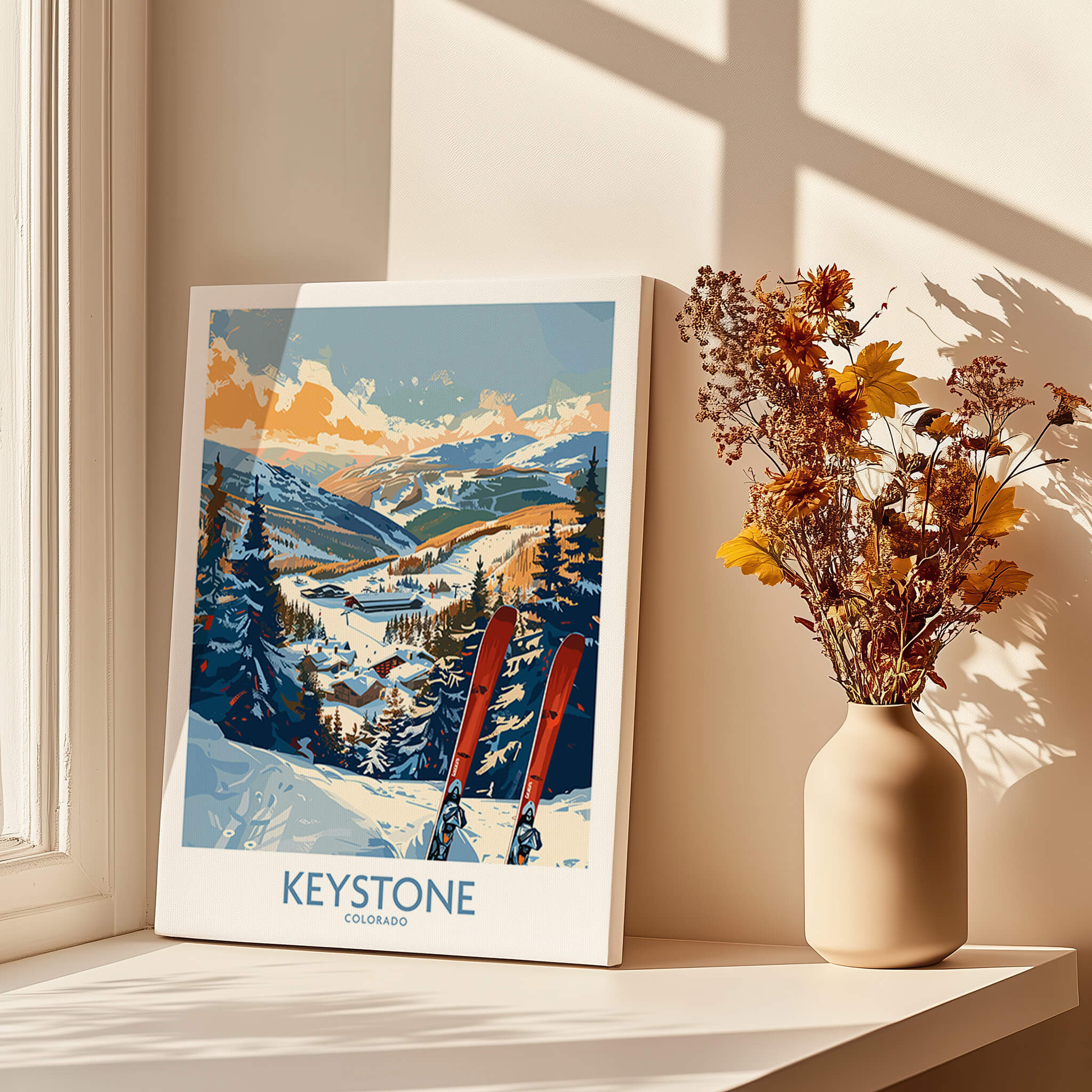 Keystone Wall Art Poster -  Colorado Ski Print displayed with a vase of flowers in a sunlit room.