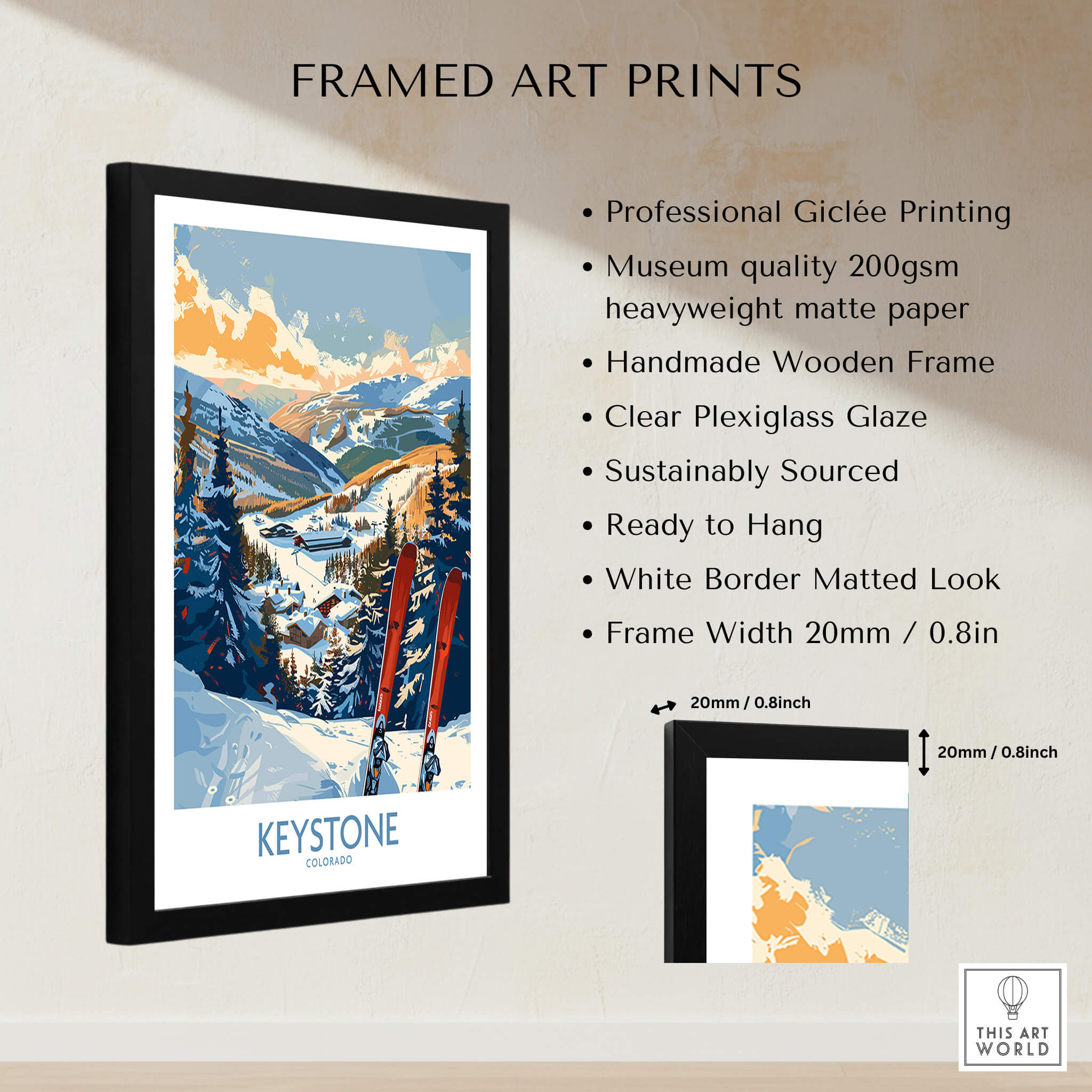 Keystone Wall Art Poster -  Colorado Ski Print framed with a black frame and detailed product features.