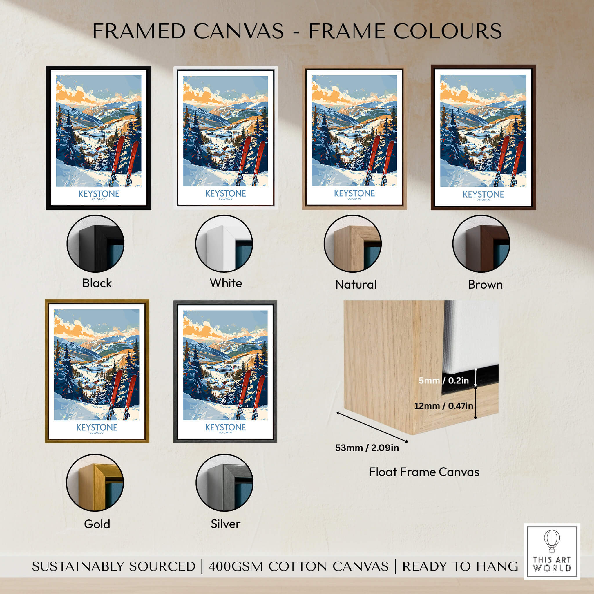 Framed Keystone Wall Art Poster options in various colors: black, white, natural, brown, gold, and silver.