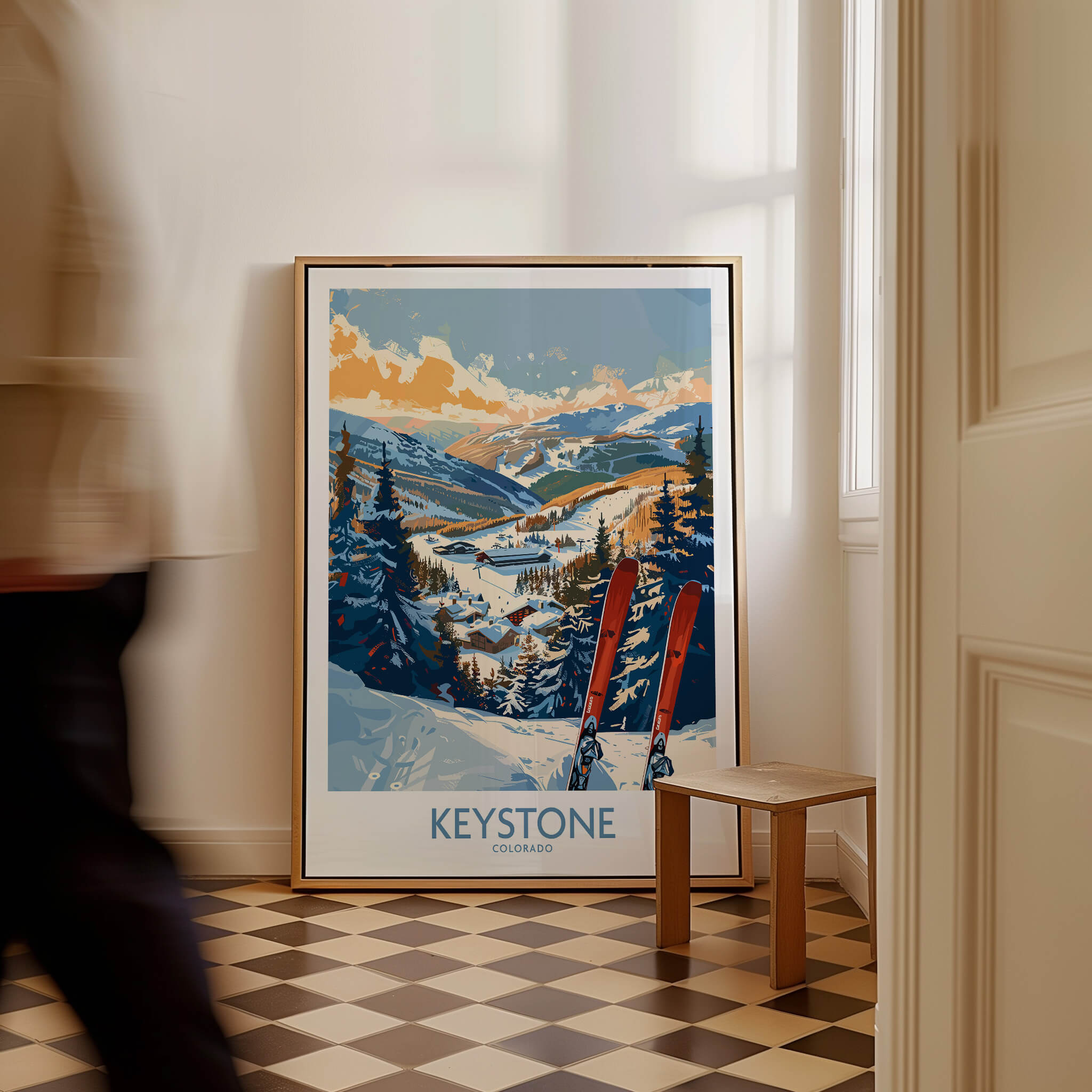 Keystone Wall Art Poster - Colorado Ski Print displayed in a cozy room with a ski theme.