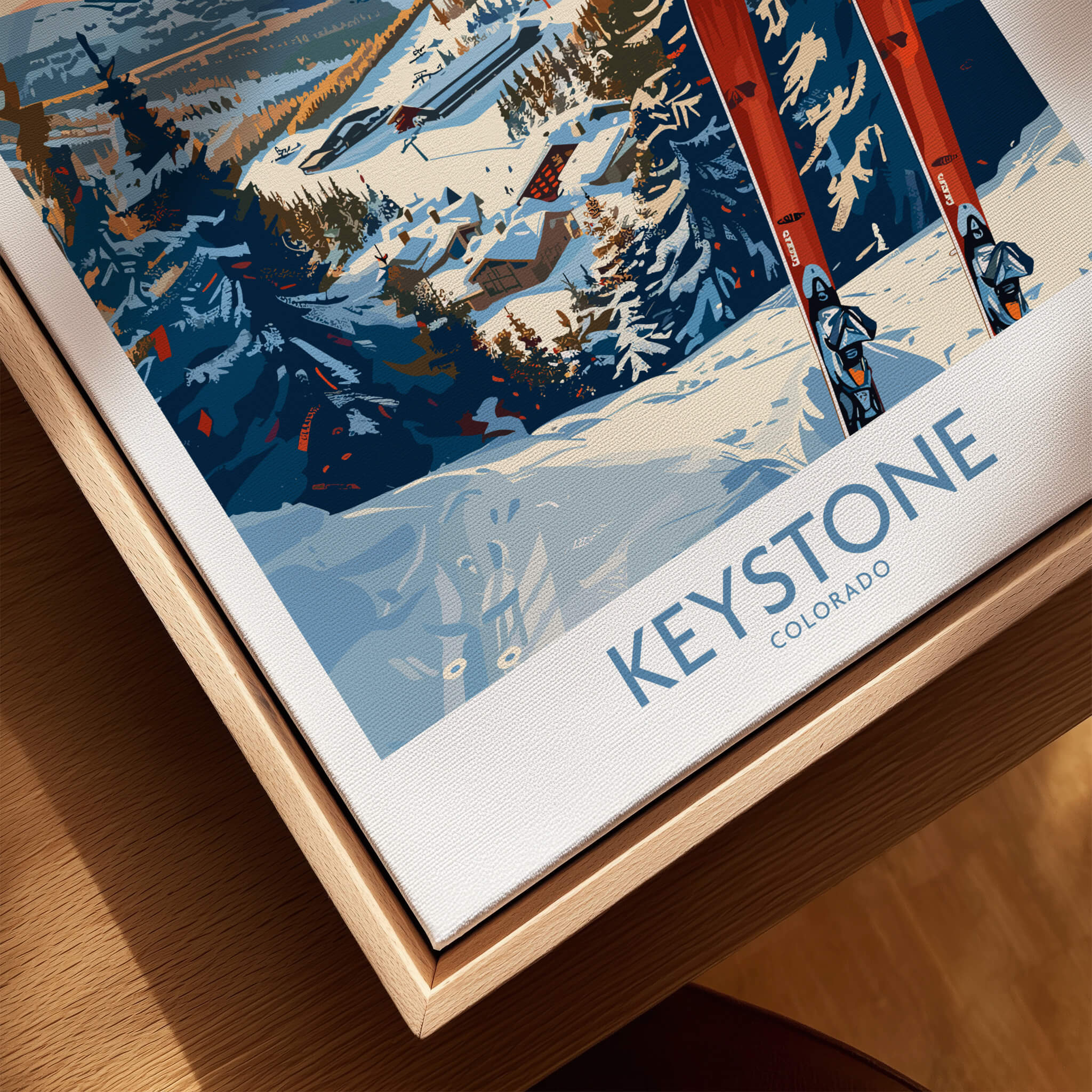 Keystone Wall Art Poster - Colorado Ski Print featuring snowy slopes and ski equipment in Colorado.