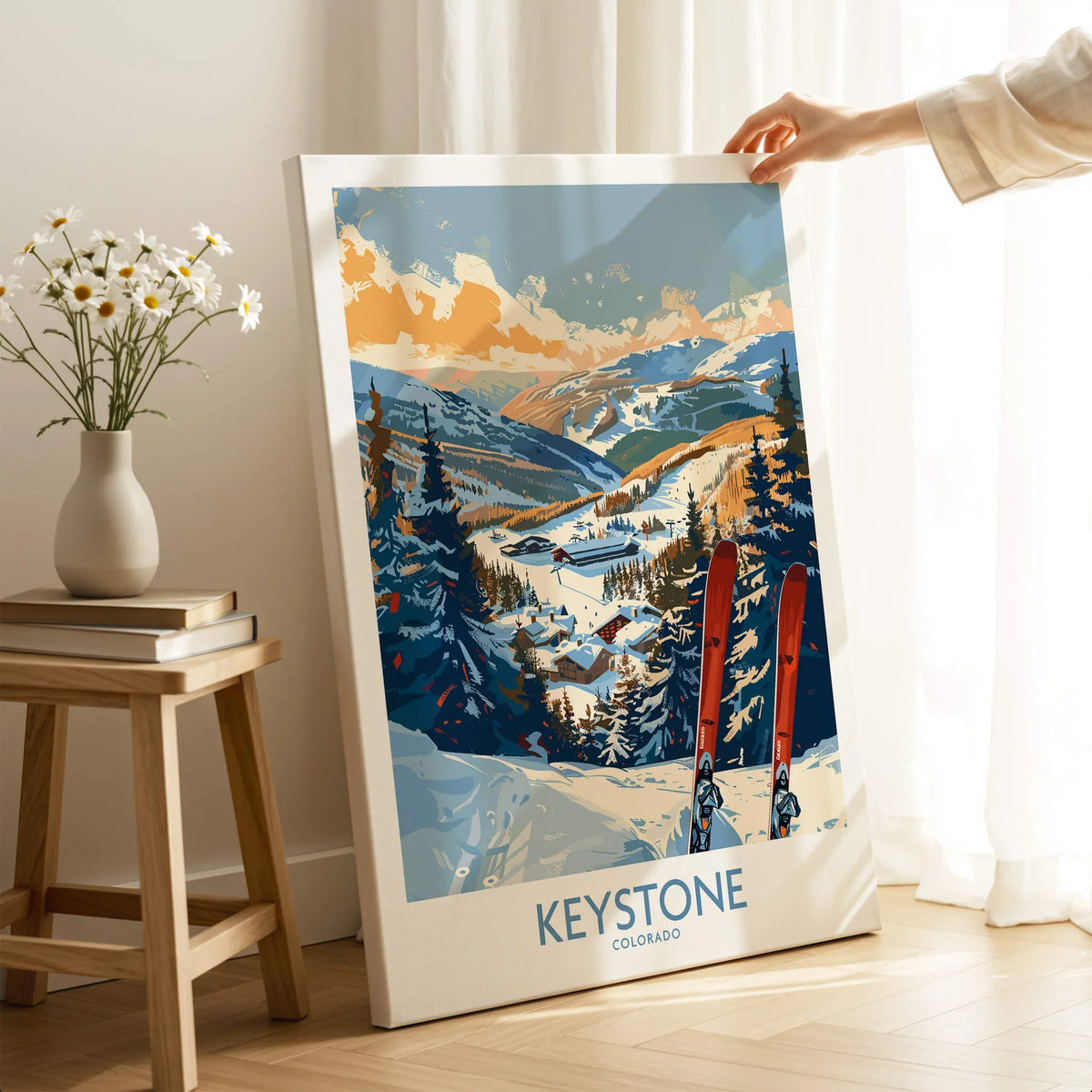 Keystone Wall Art Poster - Colorado Ski Print featuring a scenic view of Keystone, Colorado with ski equipment.