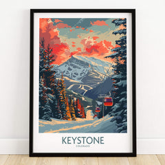 Keystone Poster Colorado showcasing a ski resort in the mountains with a vibrant sunset and snow-covered trees.