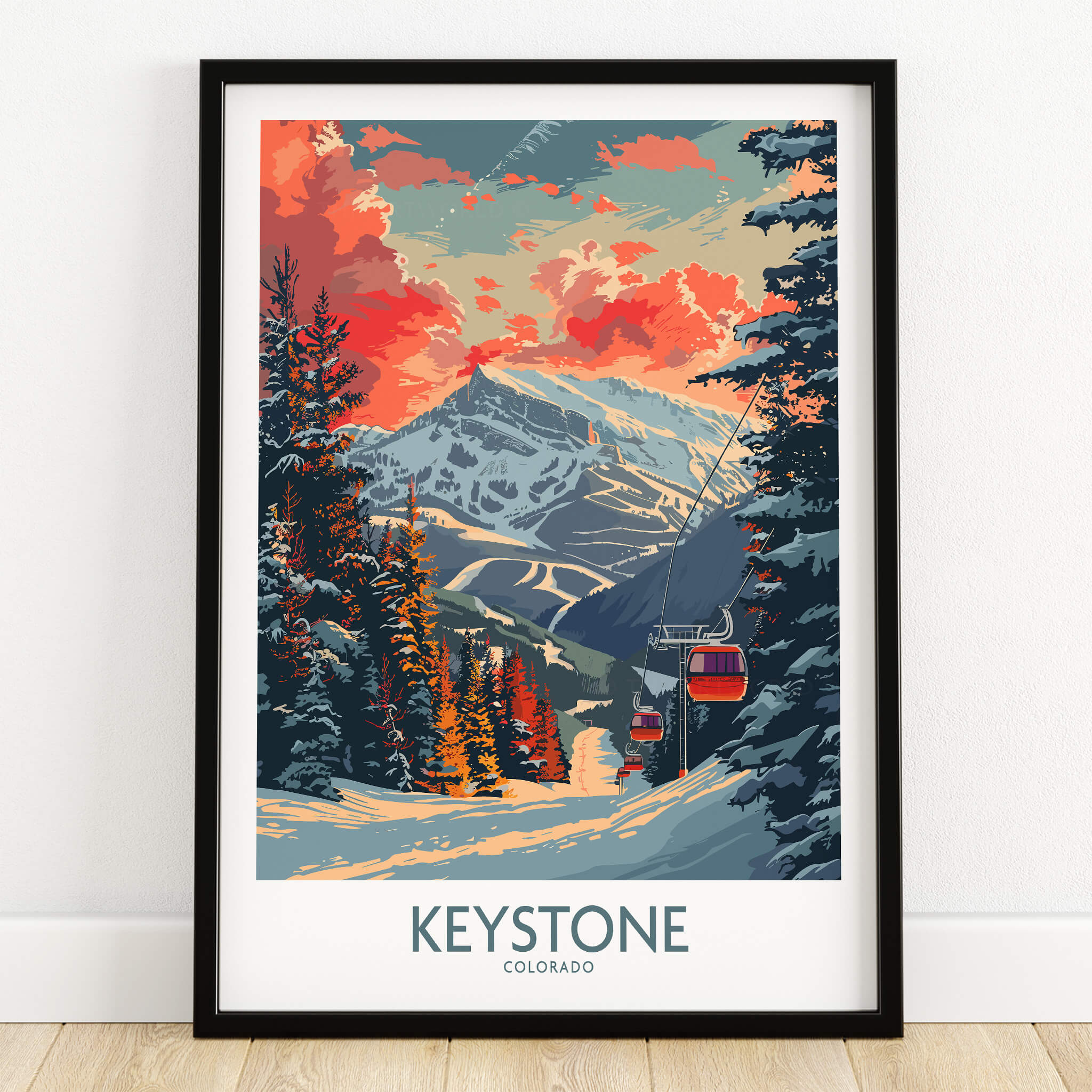 Keystone Poster Colorado showcasing a ski resort in the mountains with a vibrant sunset and snow-covered trees.