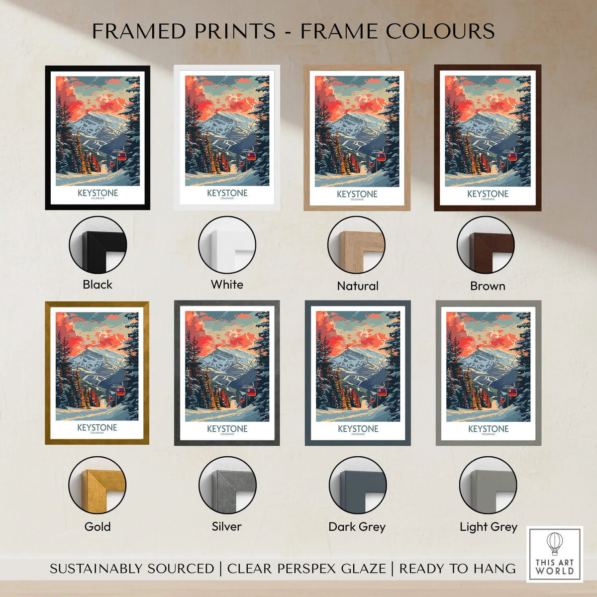 Keystone Poster Colorado framed print options displayed in various colors including black, white, natural, and brown.